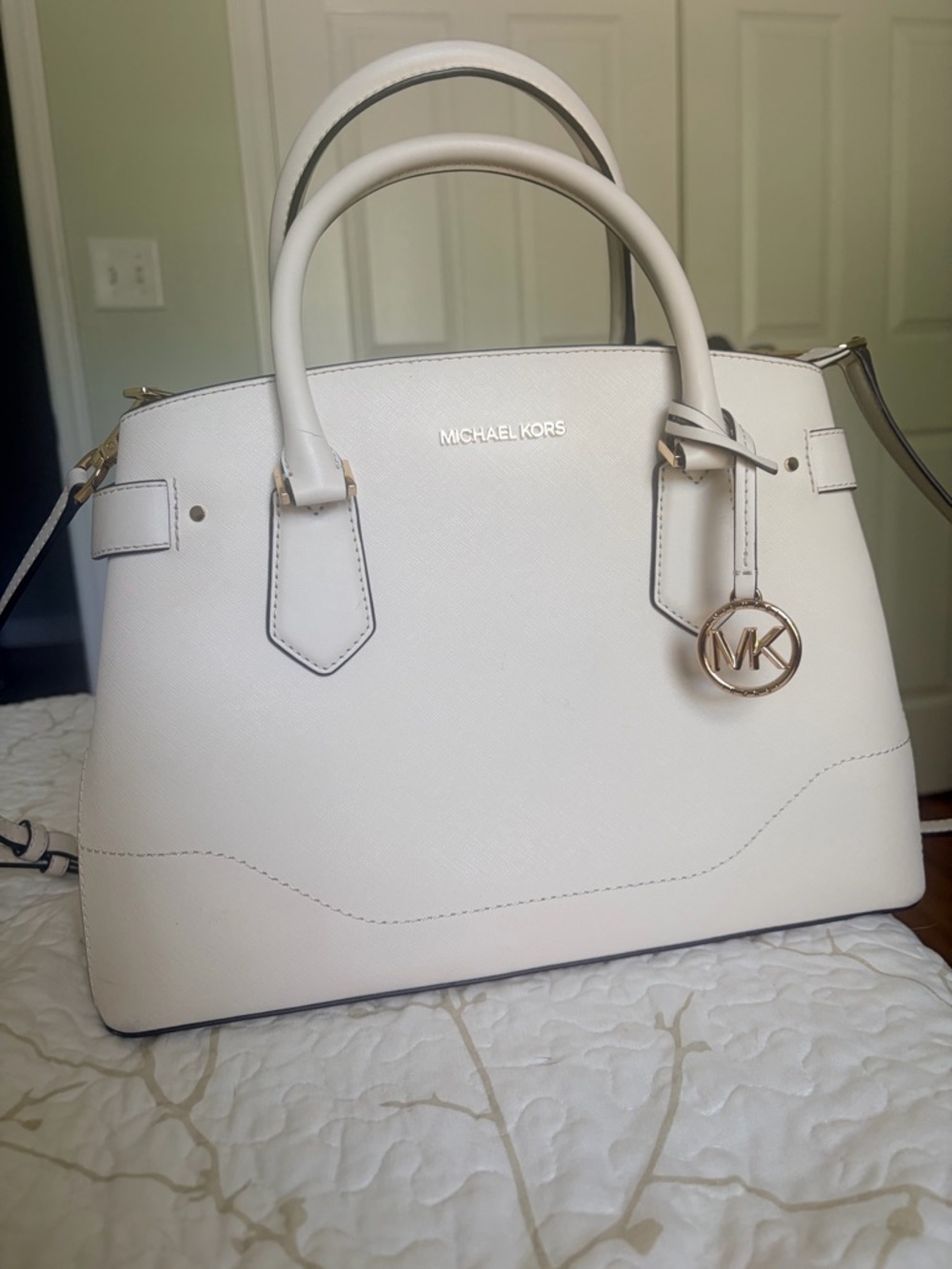 Michael Kors Cream Saffiano Leather Satchel with Gold Hardware